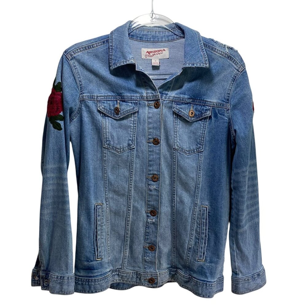 Denim Trucker Rodeo Jacket Embroidered Floral Roses Womens M Blue‎ Distressed